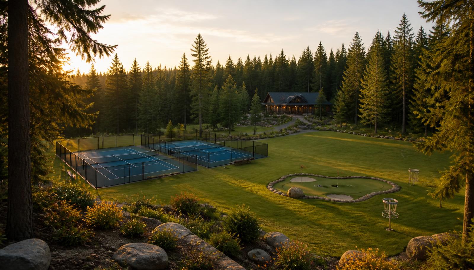 Concept rendering of two pickleball courts, a mini putt-putt green and disc golf baskets in a forest clearing at golden hour
