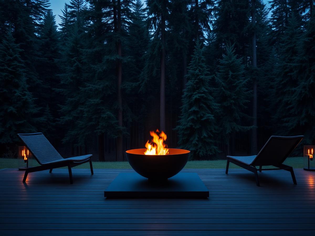 A modern fire pit burning on a dark deck at dusk with tall evergreens behind