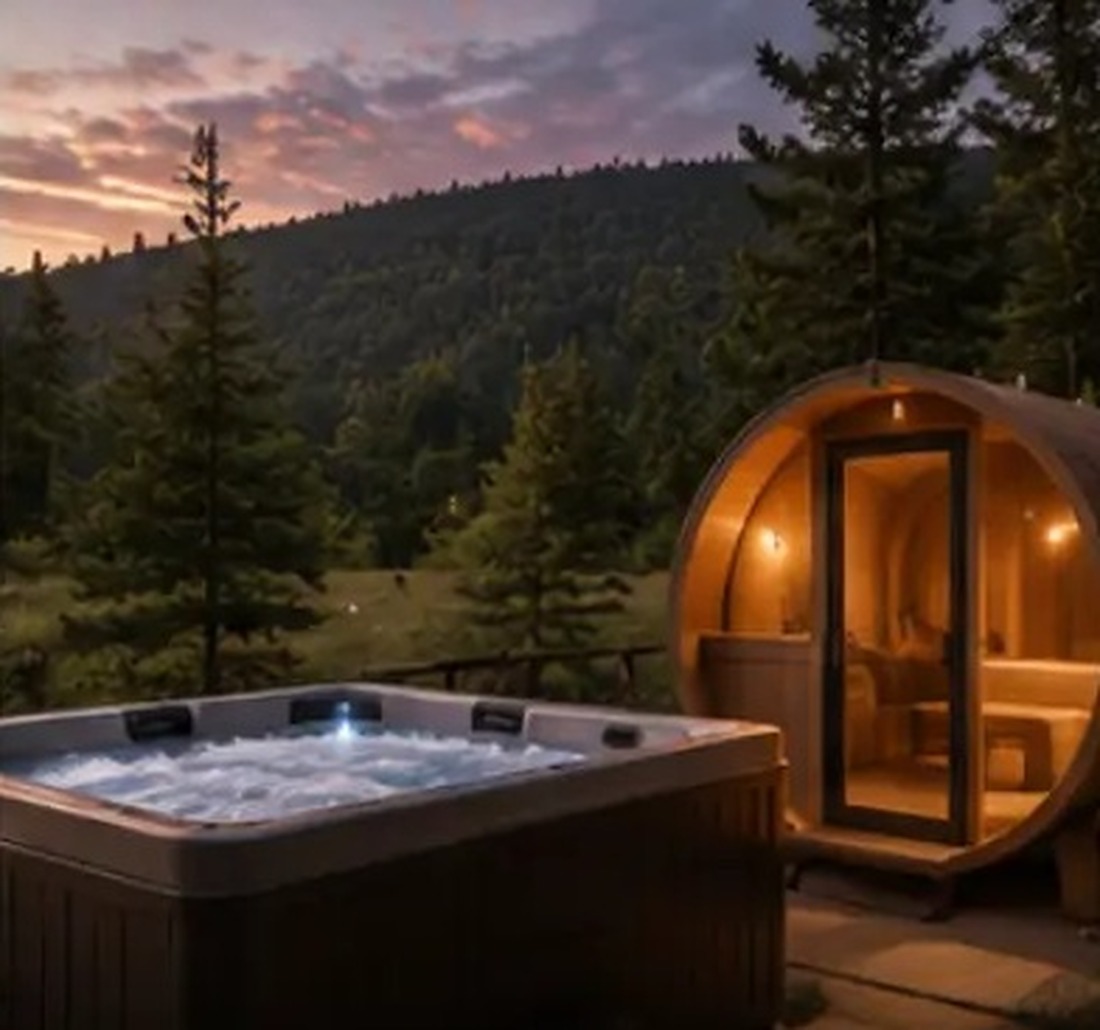 A steaming private hot tub on a dark deck at night surrounded by evergreens
