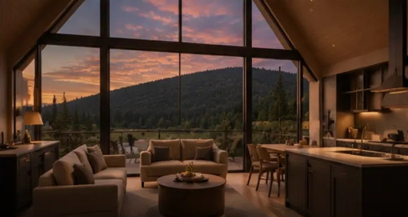 Concept rendering of a premium cabin living room with a black fireplace and forest views