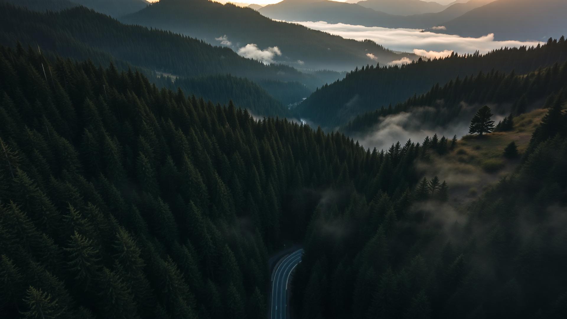 Aerial view of a road winding through a misty evergreen valley in the North Cascades