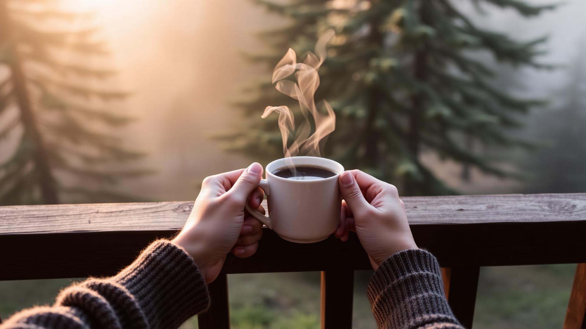 Hands holding a steaming mug of coffee on a cabin deck rail at misty dawn