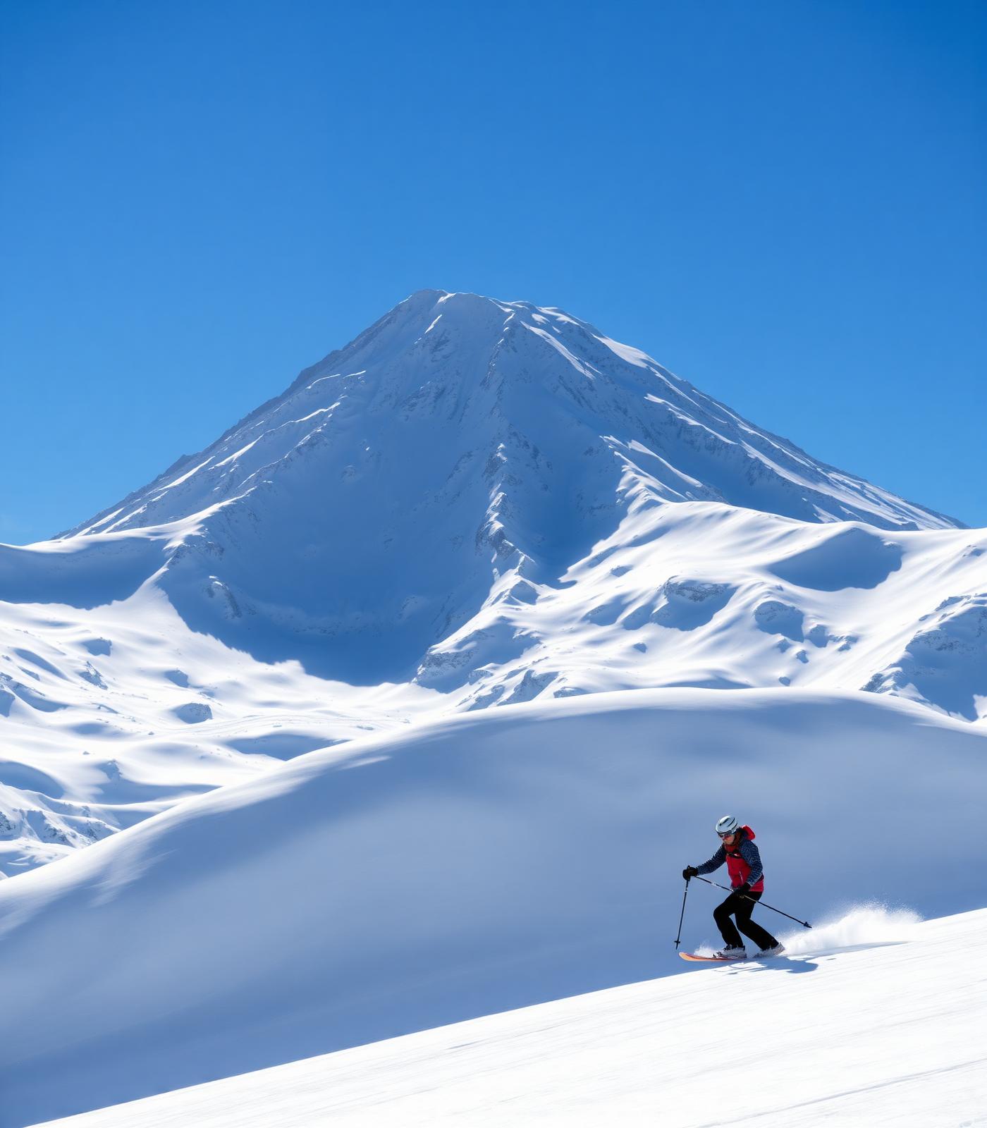 Snow-covered Mount Baker with a skier carving down a powder slope