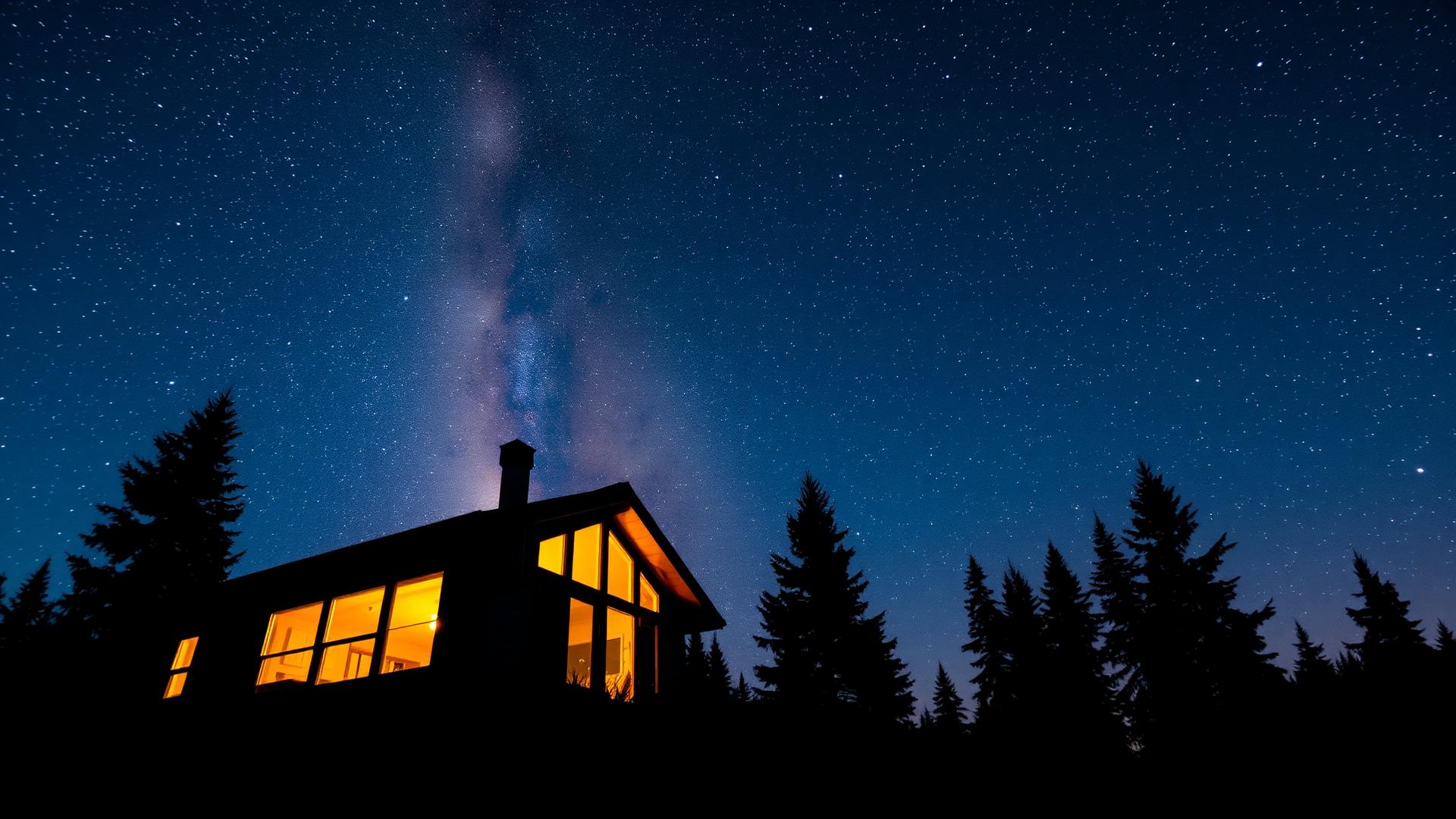 A cabin with glowing windows beneath a star-filled night sky