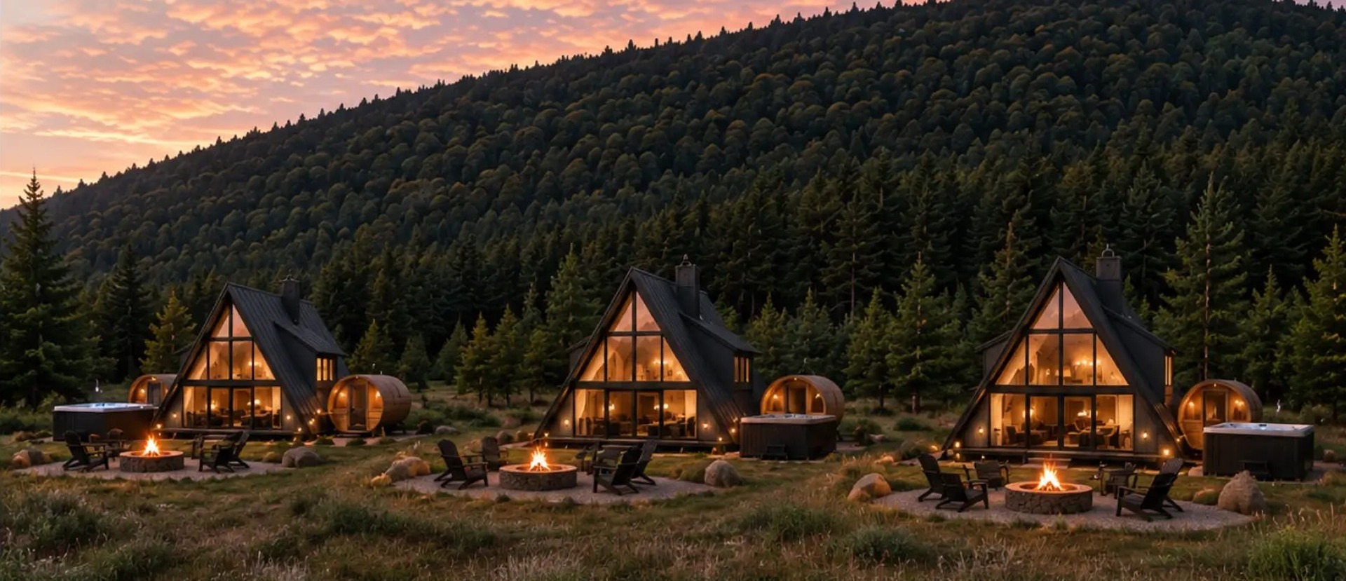 Concept rendering of three private A-frame cabins with hot tubs, barrel saunas and stone fire pits in a meadow at dusk