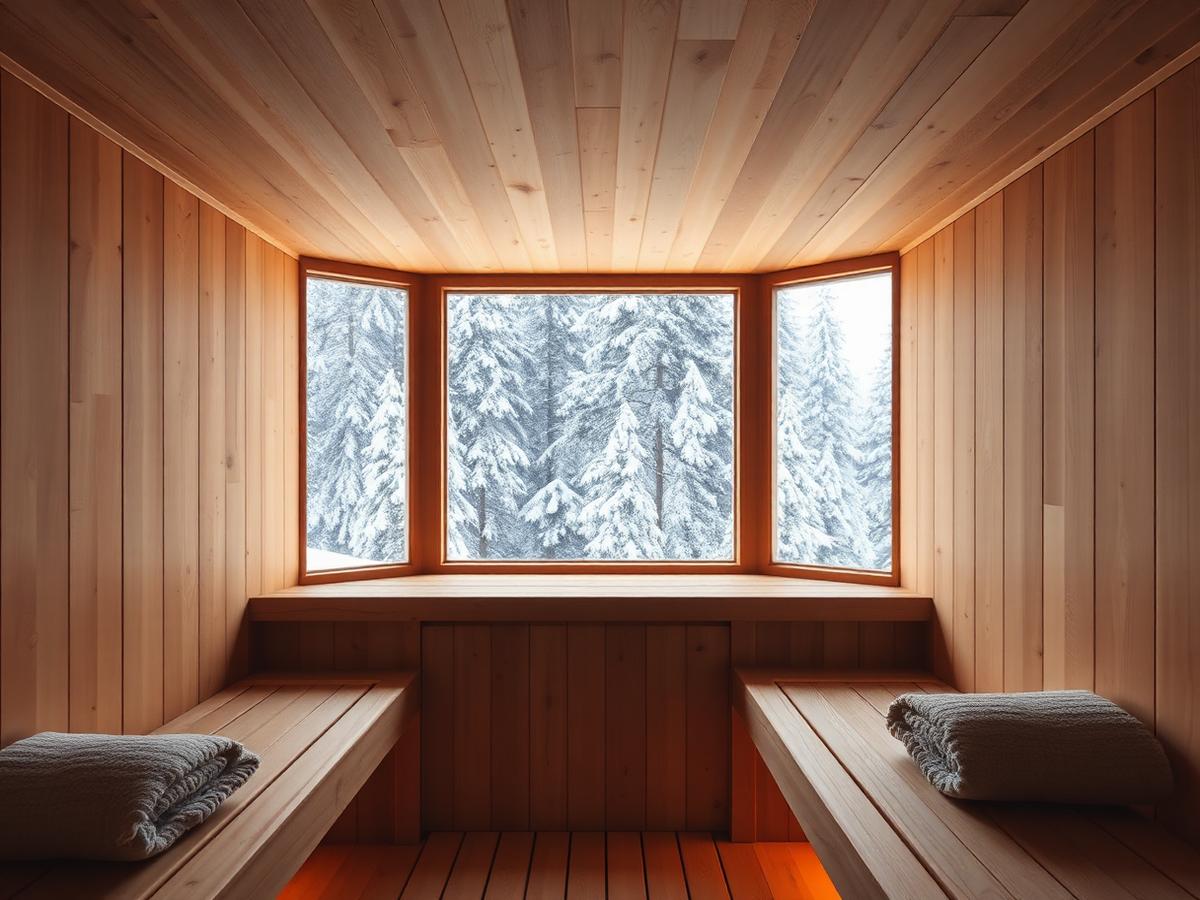 Concept rendering of a cedar sauna with a window looking into snowy forest