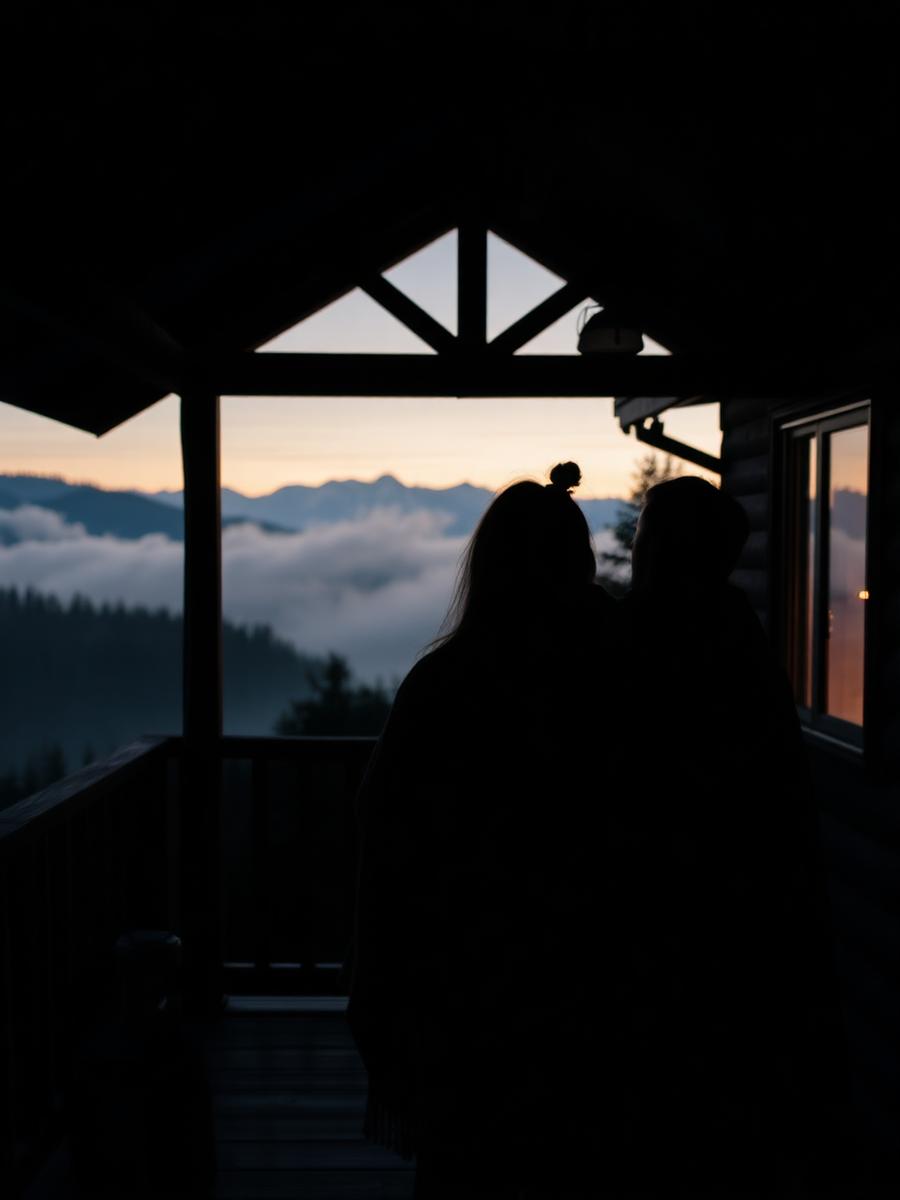 A couple wrapped in a blanket on a cabin deck at dusk looking at misty mountains