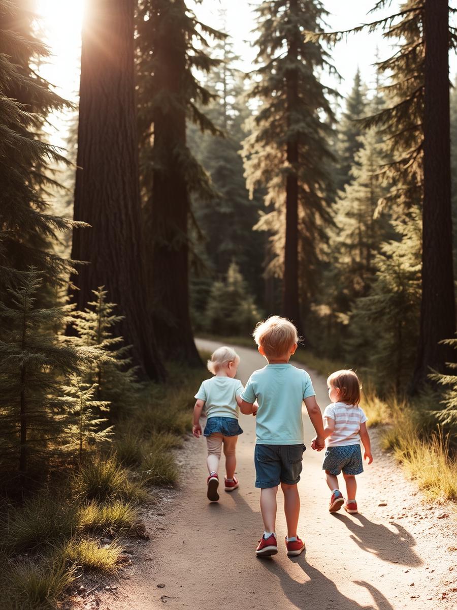 Children walking a sunlit forest trail among tall evergreens