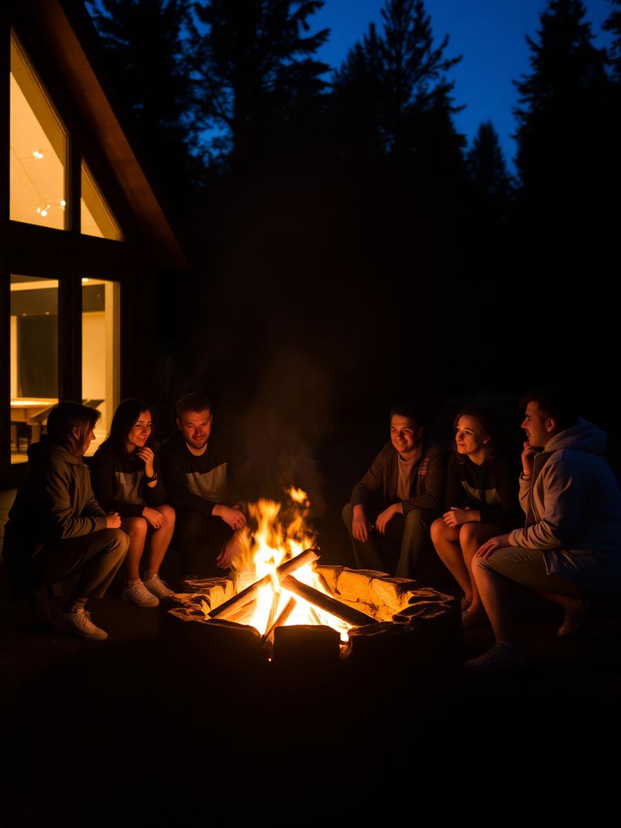 A group of friends gathered around an outdoor fire at night outside a cabin